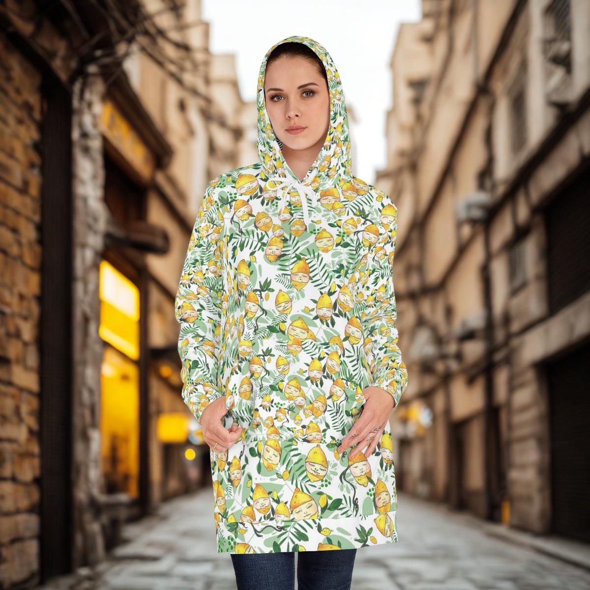 Lemon Allover Print Hoodie Dress | Lemon Heads Sleeves, Retro Vanity Illustration
