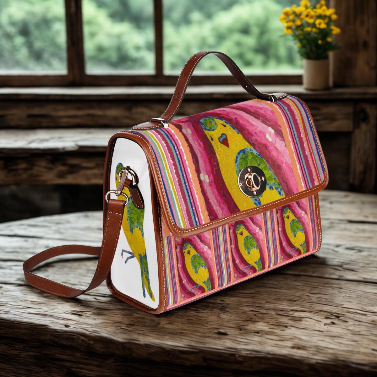 Colorful Striped Parrot Illustration Waterproof Canvas Bag | Tropical Bird Pattern