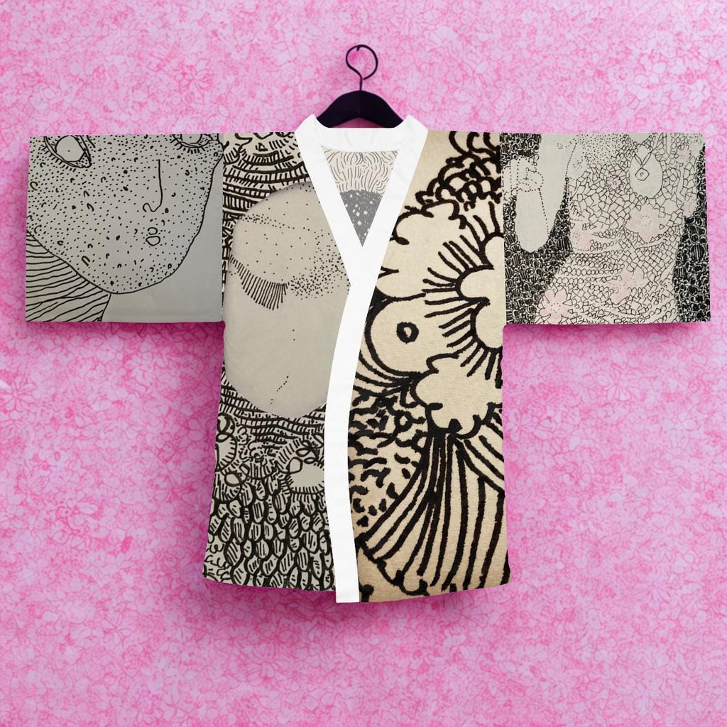 Ink Portrait Collage Long Sleeve Kimono