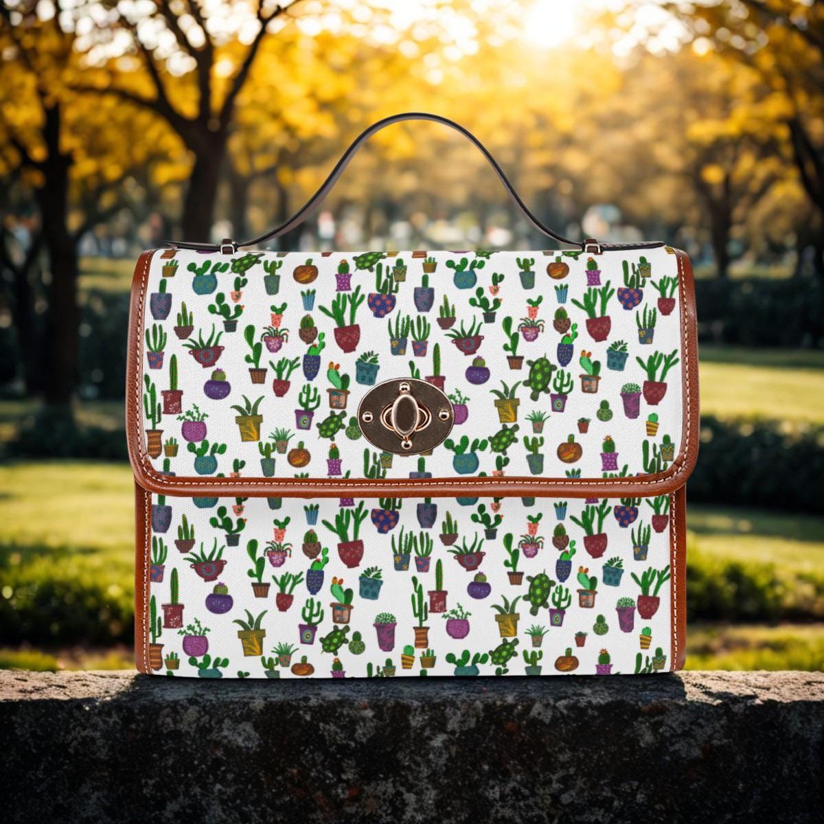 Potted Succulents Pattern Waterproof Canvas Bag | Cactus Planter Print Tote