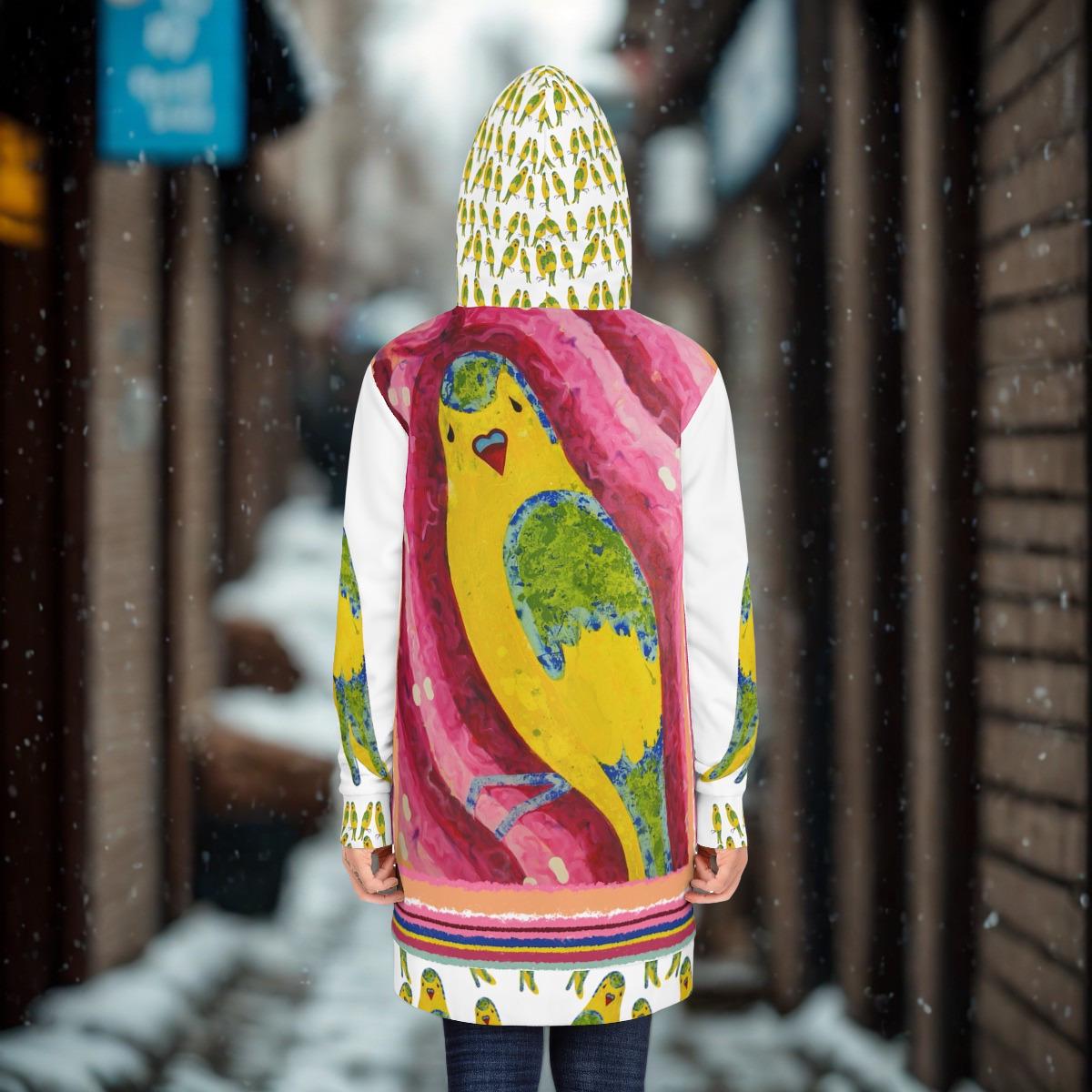 Yellow Budgie Pattern Hoodie Dress | All-Over Print Parakeet Design