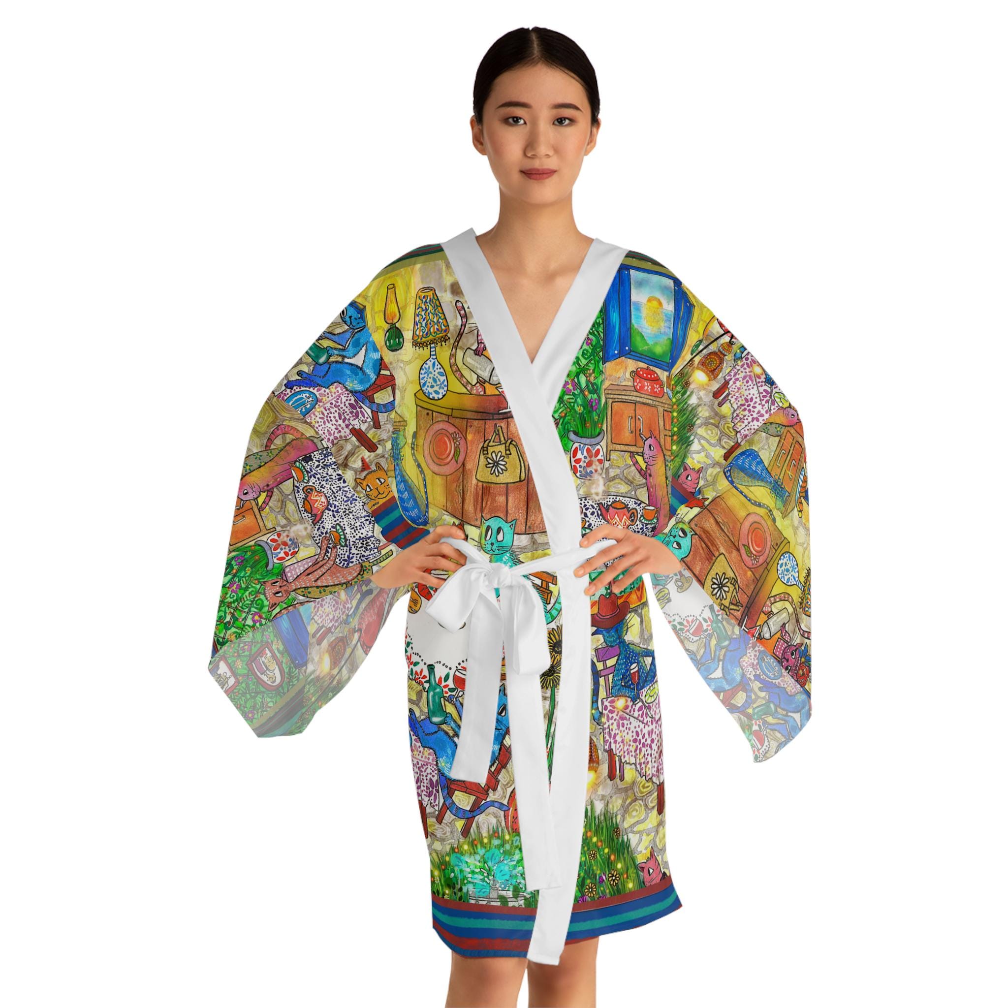 Whimsical Vintage Market Illustration Kimono Robe | All-Over Print