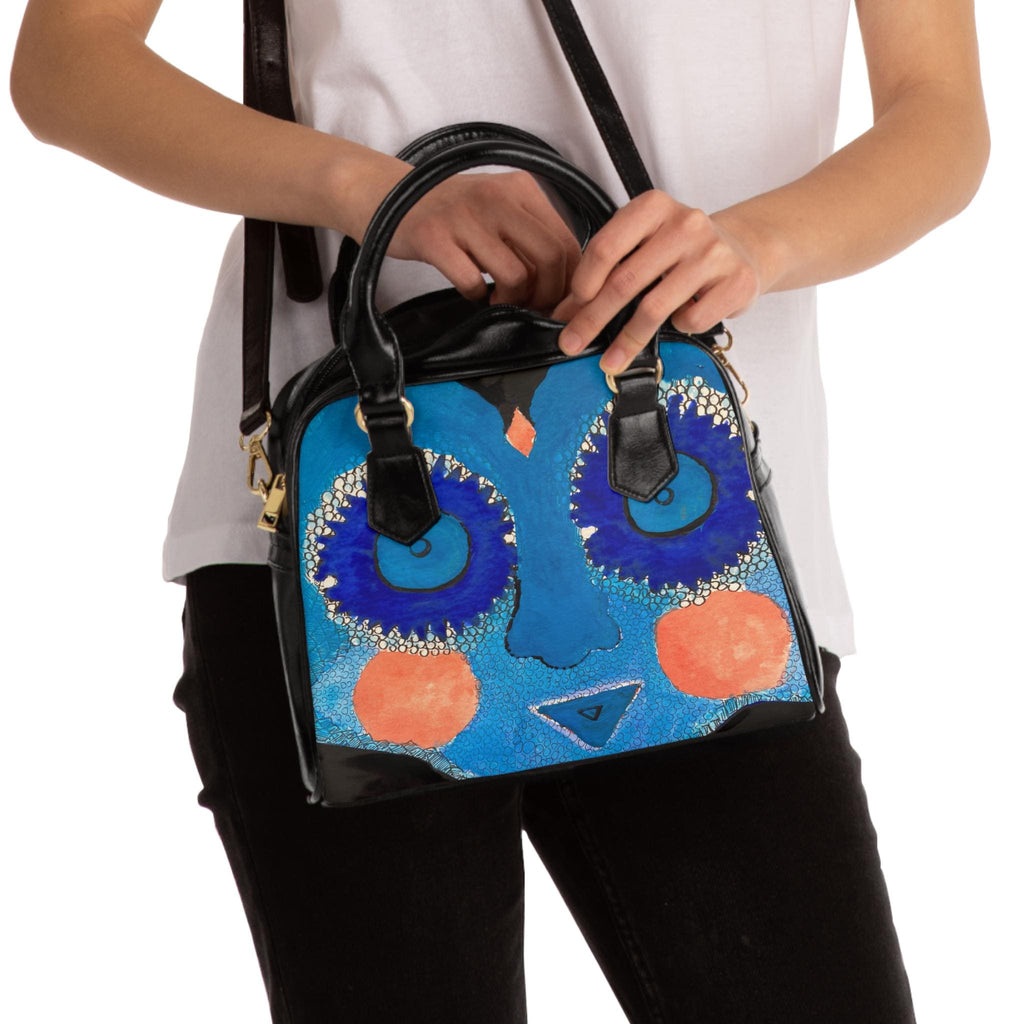 Blue Abstract Face Shoulder Handbag | Whimsical Floral Eyes, Orange Cheeks