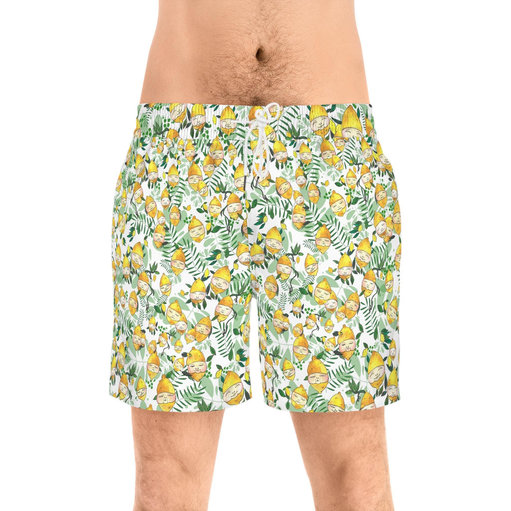 Men's Lemon Face Pattern Mid-Length Swim Shorts – Playful Summer Beachwear