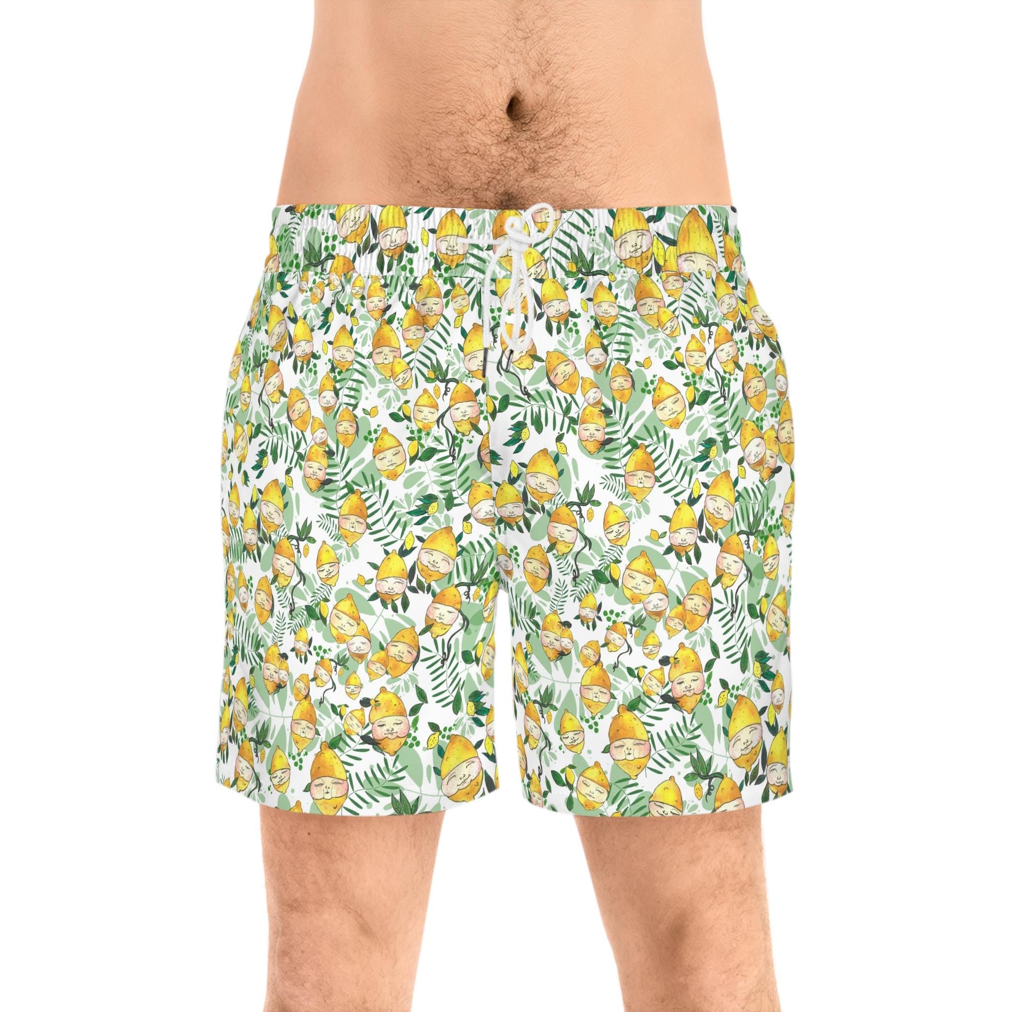 Men's Lemon Face Pattern Mid-Length Swim Shorts – Playful Summer Beachwear