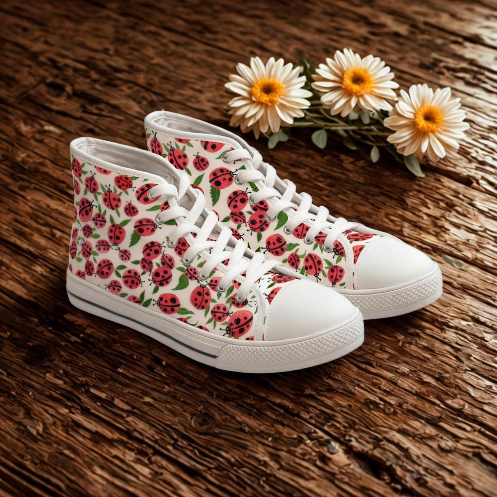 Pink Ladybug Leaf Pattern High Top Canvas Sneakers
