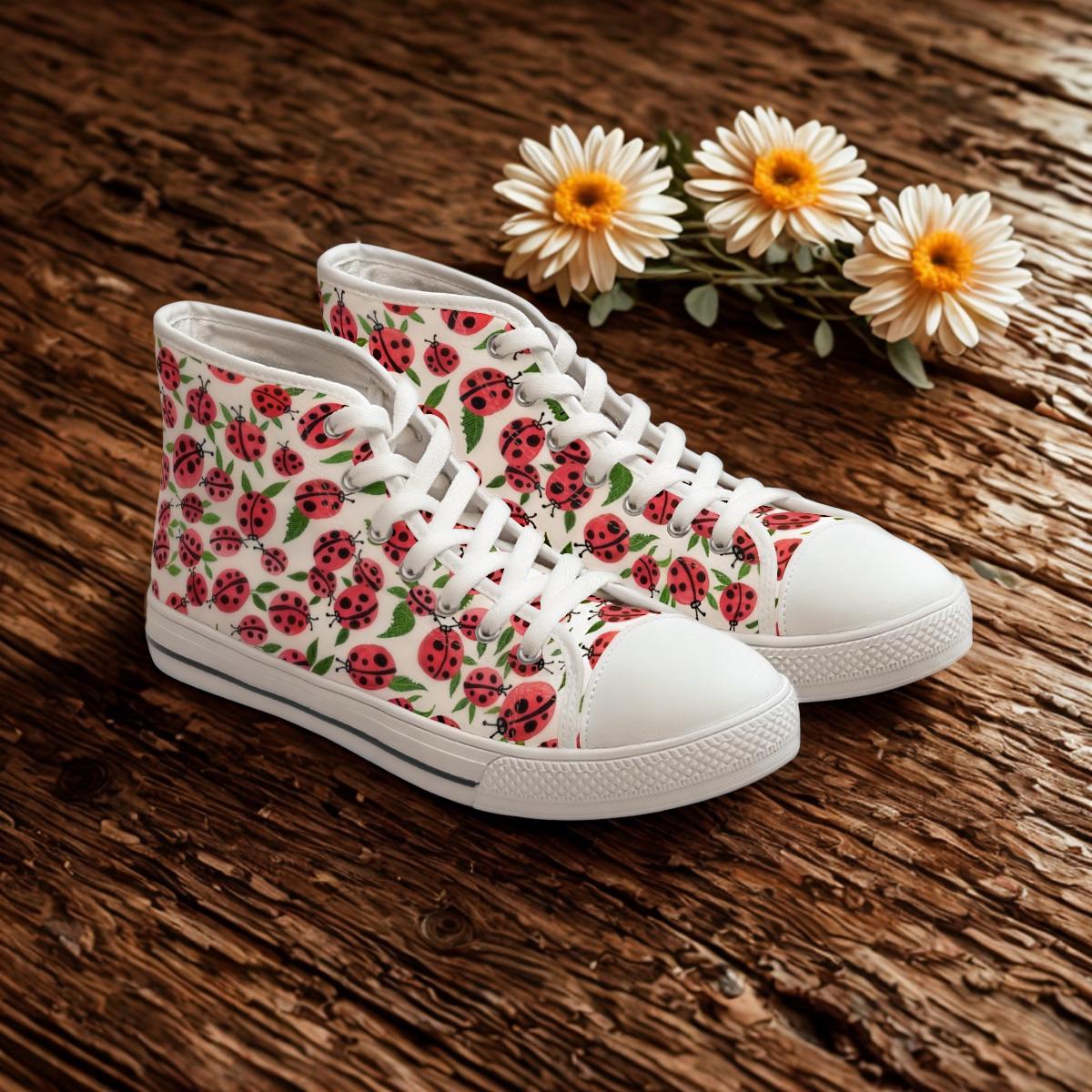 Pink Ladybug Leaf Pattern High Top Canvas Sneakers