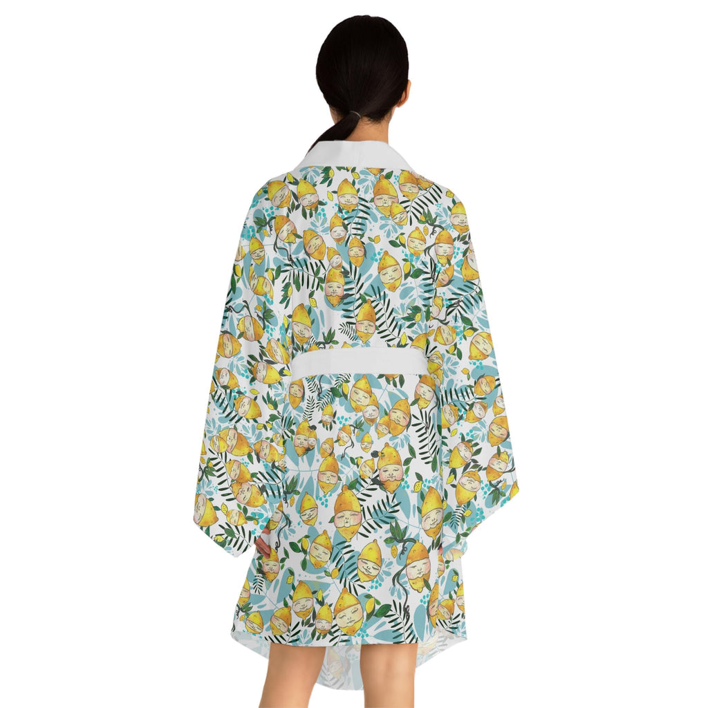 Lemon Floral Pattern Long Sleeve Kimono Robe | Citrus Leaves Allover Print