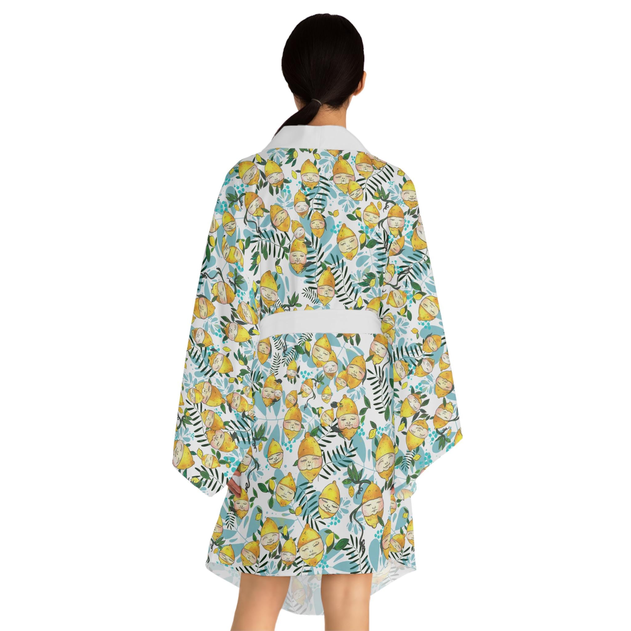 Lemon Floral Pattern Long Sleeve Kimono Robe | Citrus Leaves Allover Print