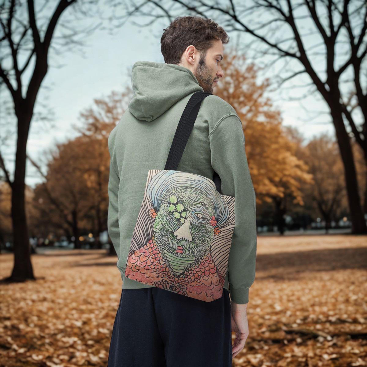 Surreal Portrait Tote Bag | Artistic Face and Cat Illustration