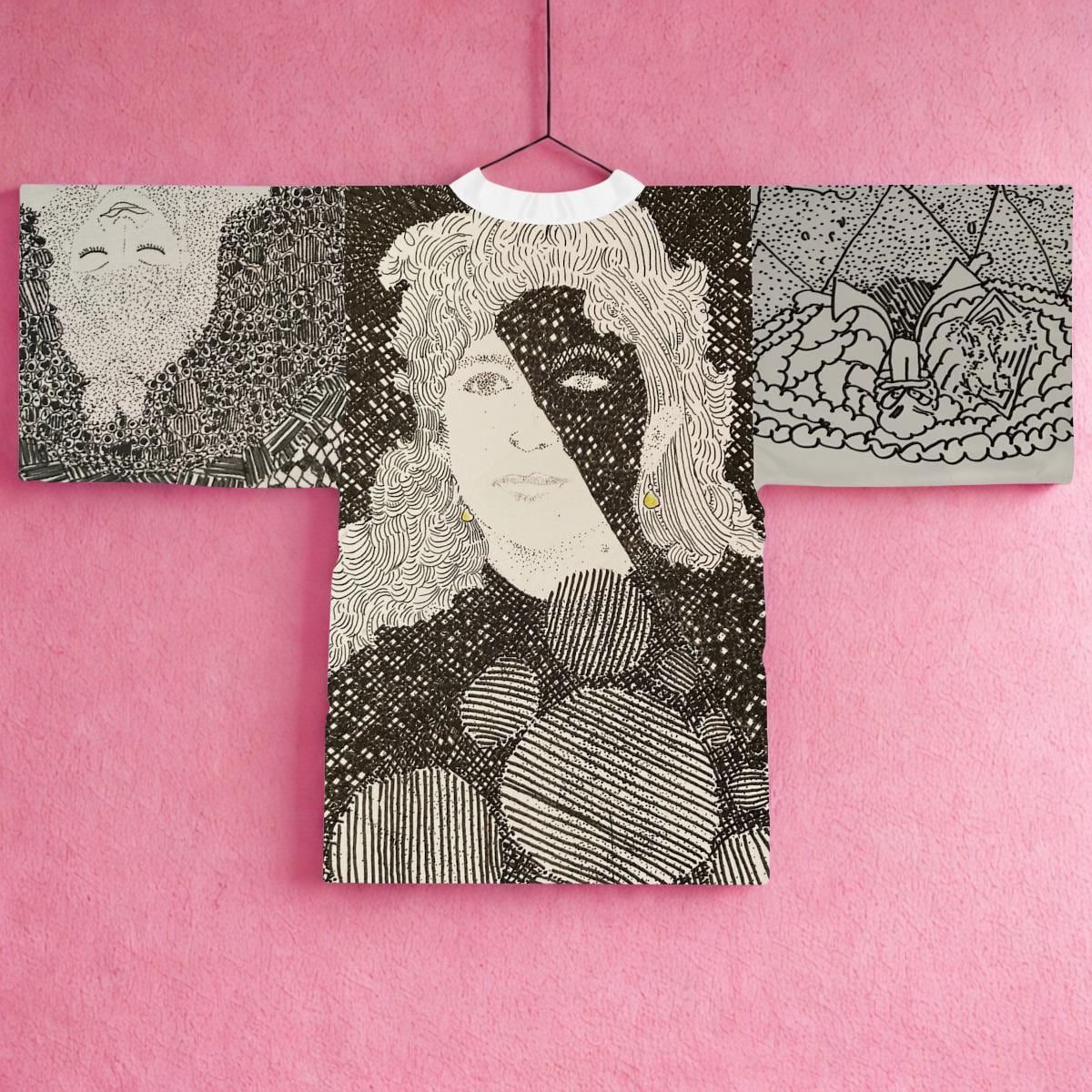 Ink Portrait Collage Long Sleeve Kimono