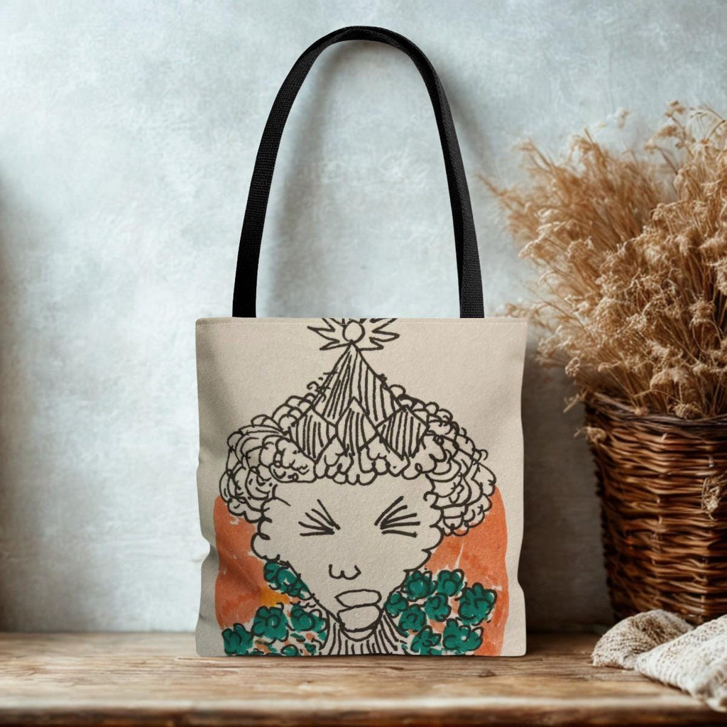 Floral Mandala Pattern Tote Bag | Hand-Drawn Face Illustration Tote