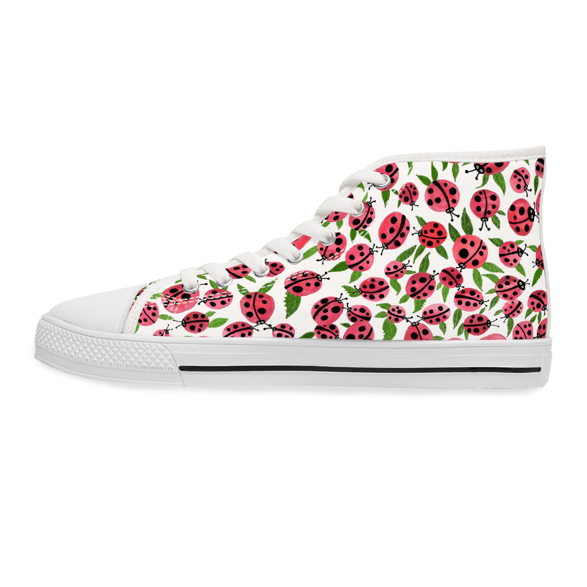 Pink Ladybug Leaf Pattern High Top Canvas Sneakers