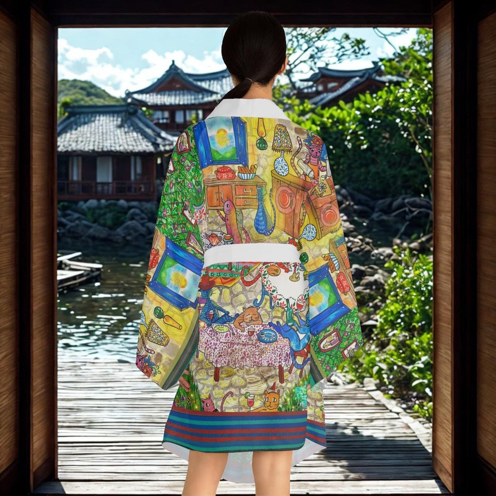 Whimsical Vintage Market Illustration Kimono Robe | All-Over Print
