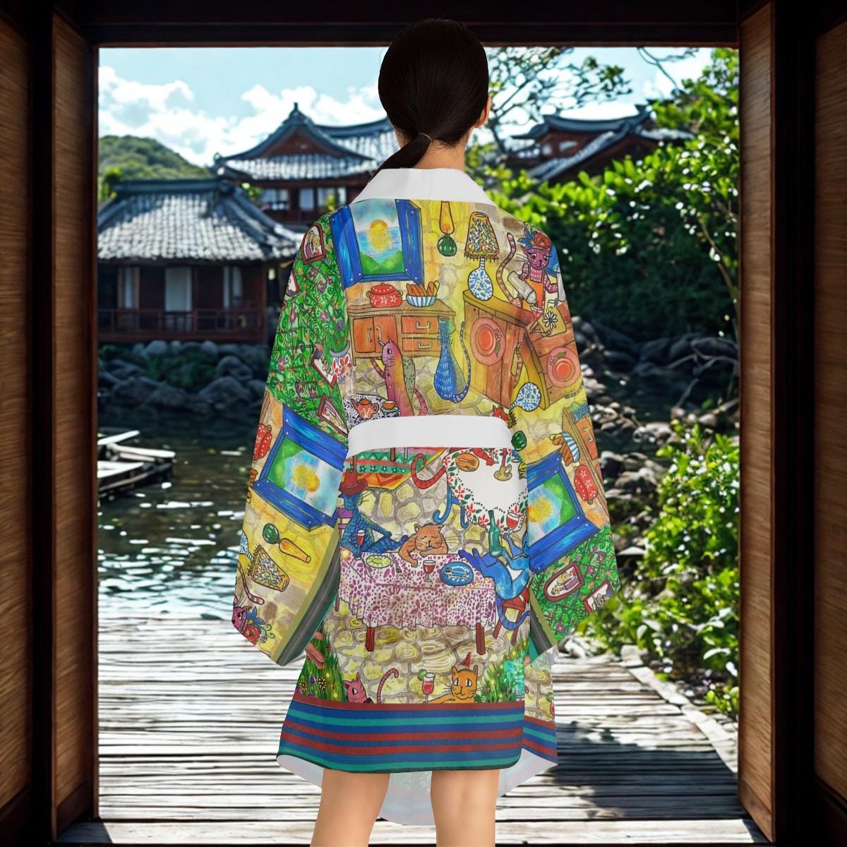 Whimsical Vintage Market Illustration Kimono Robe | All-Over Print