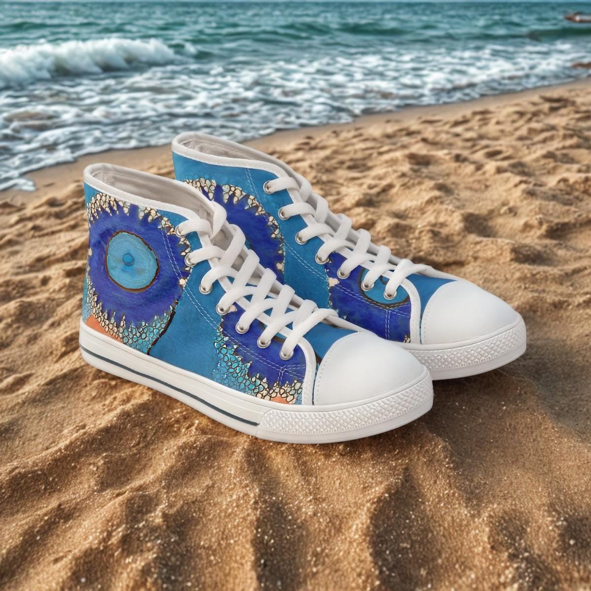 Blue Abstract Eye Pattern High Top Sneakers | Artistic Canvas Shoes