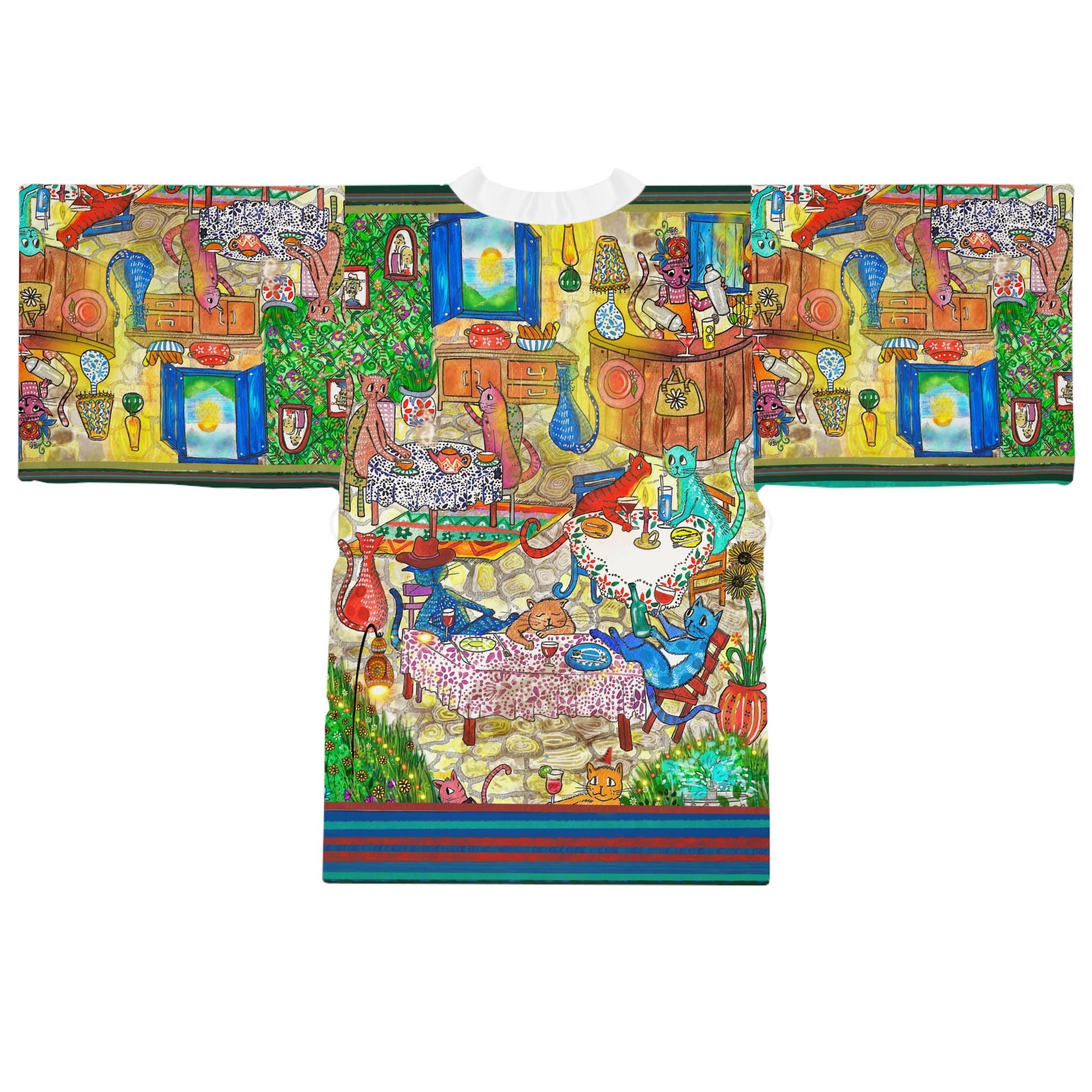 Whimsical Vintage Market Illustration Kimono Robe | All-Over Print