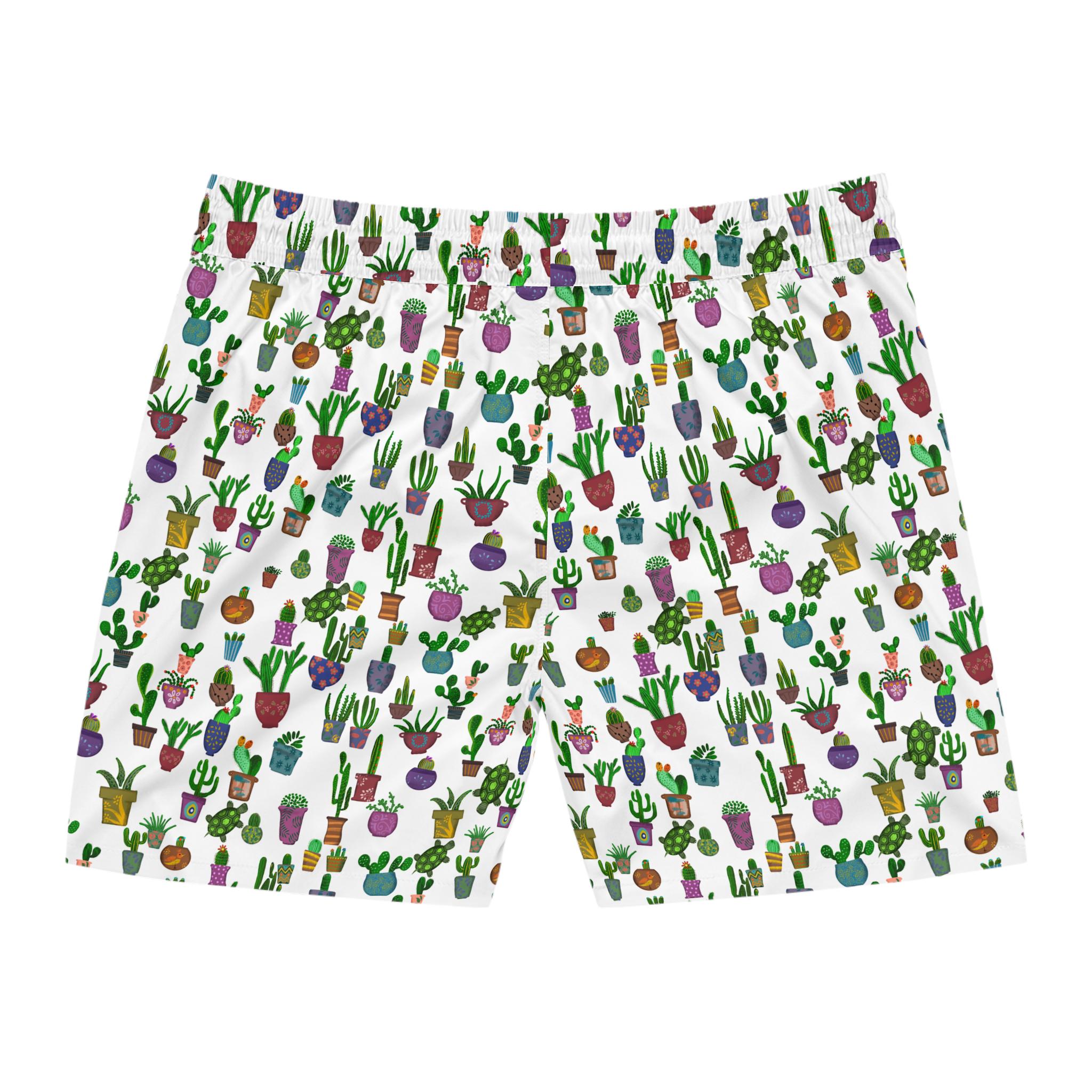 Potted Cactus Pattern Swim Shorts  Mens Mid Length