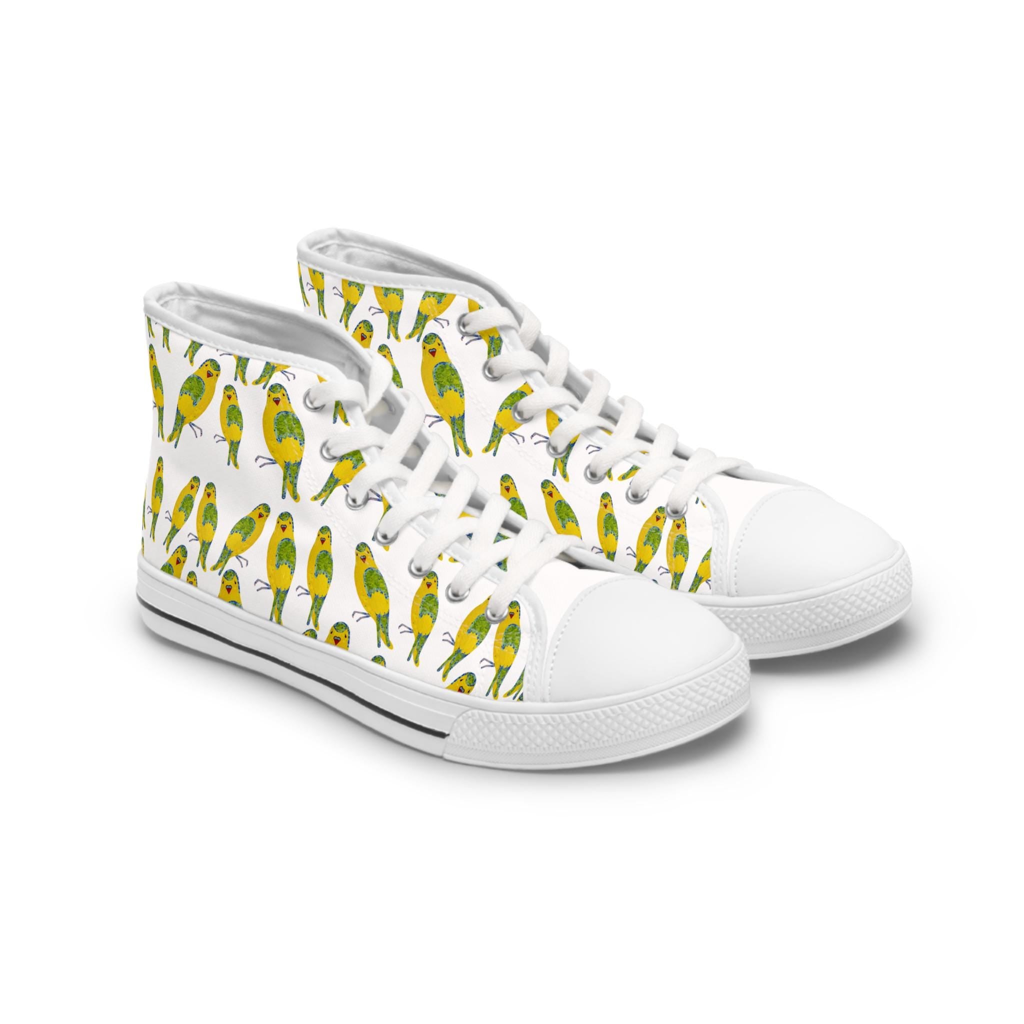 Green Budgie Pattern High Top Sneakers | Parakeet Bird Print Shoes