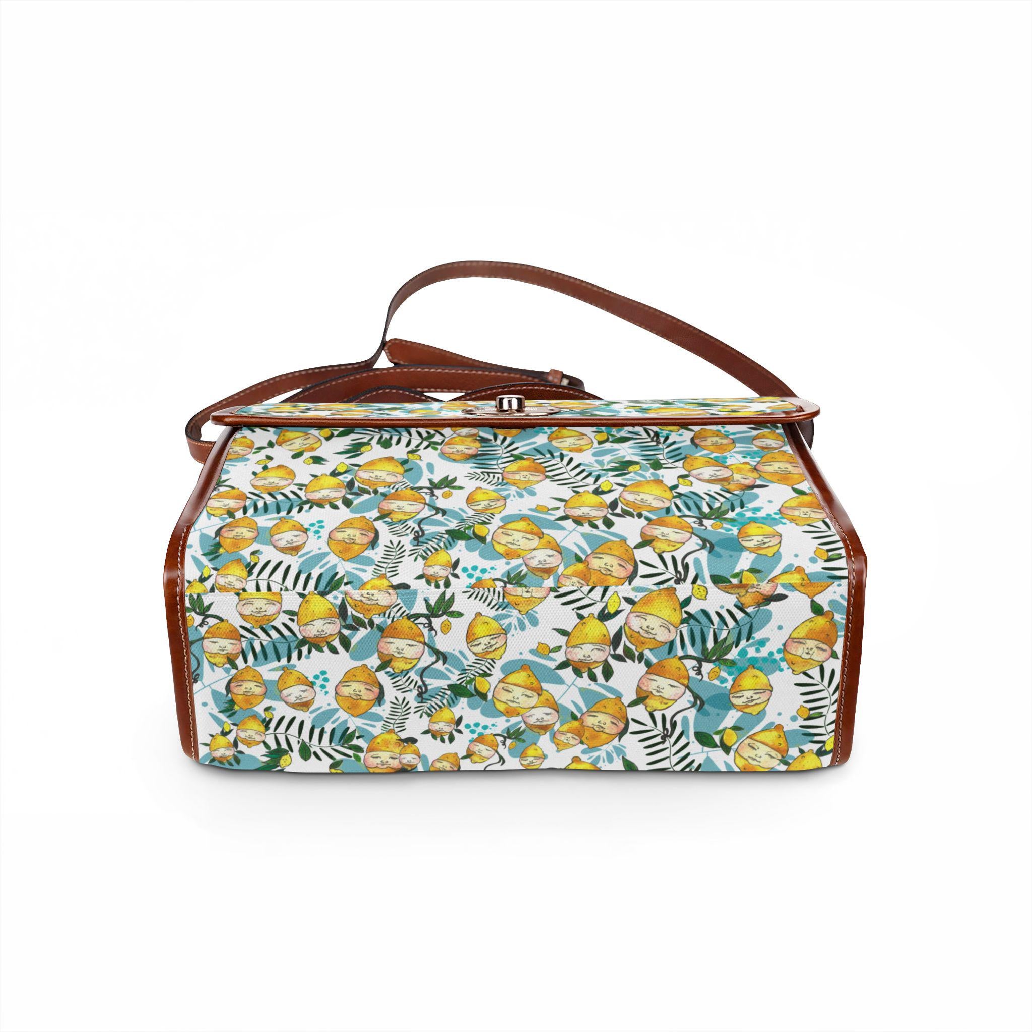 Lemon Floral Pattern Waterproof Canvas Bag | Tropical Fruit Leaves Satchel