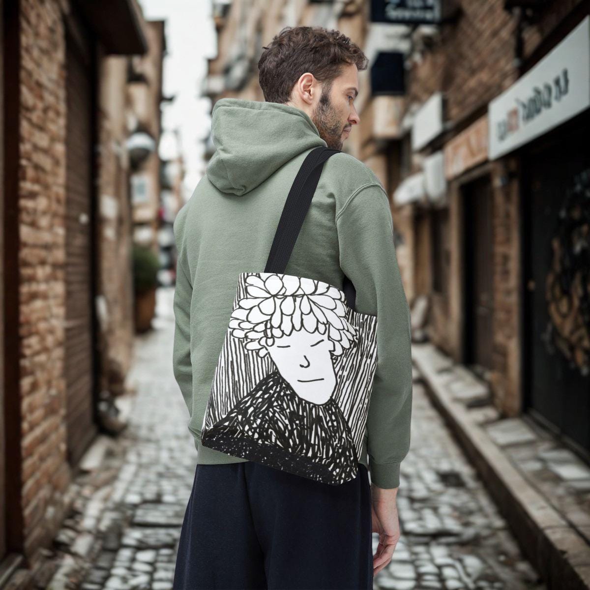 Doodled Portrait Tote Bag | Illustrated Face Art, All-Over Print