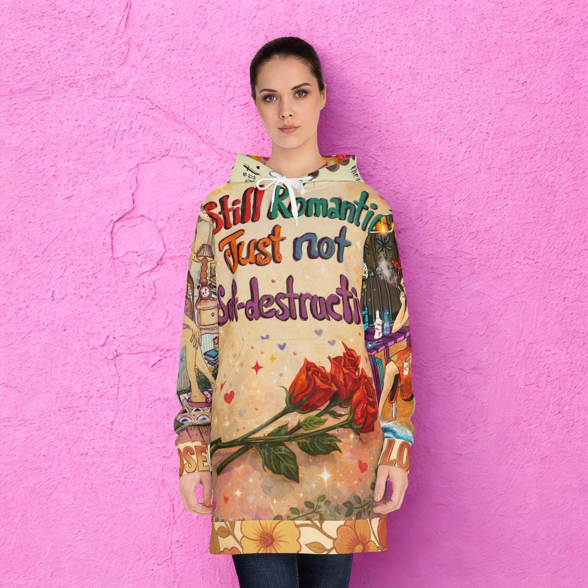 Still Romantic Just Not Self-Destructive Hoodie Dress | Illustrated Retro Collage