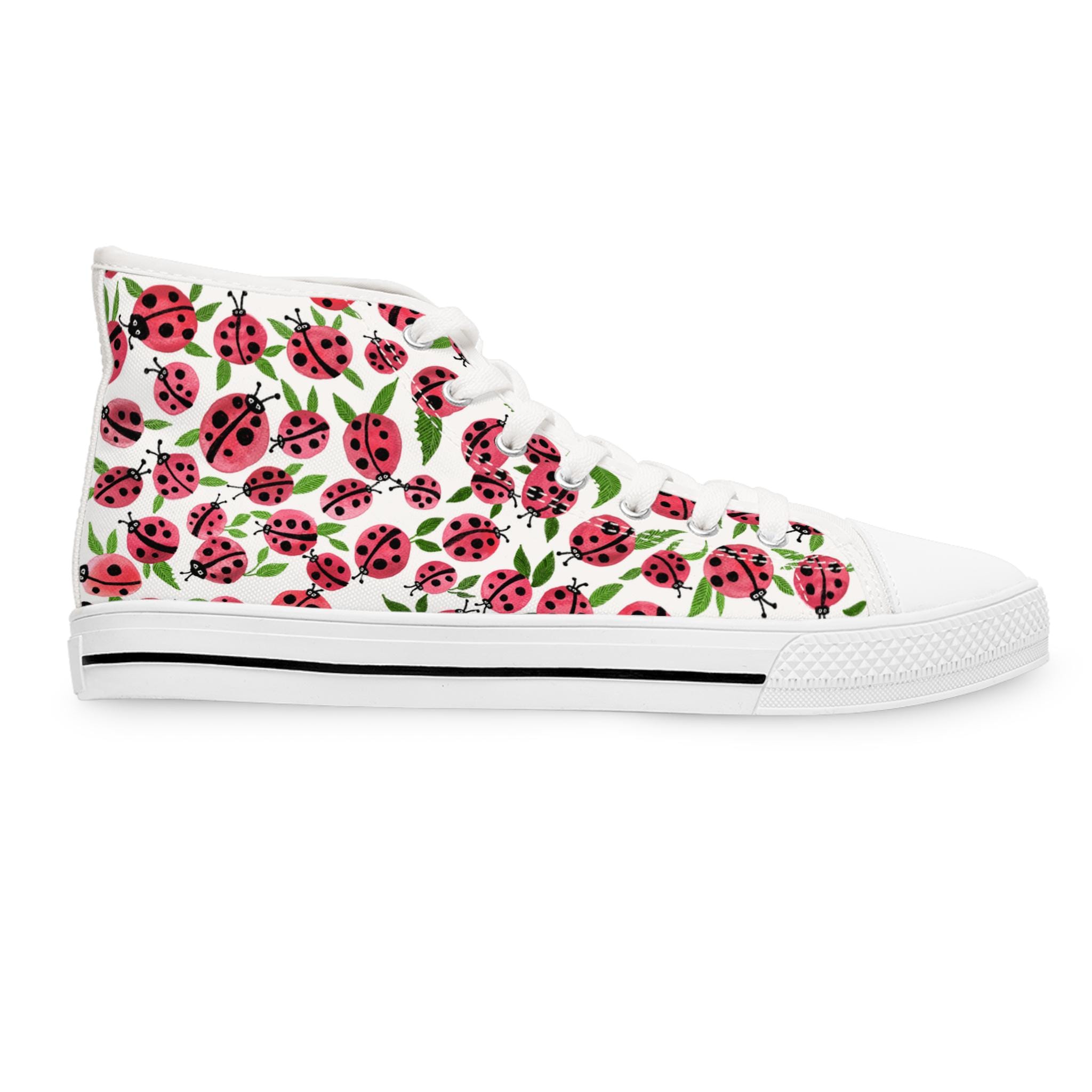 Pink Ladybug Leaf Pattern High Top Canvas Sneakers