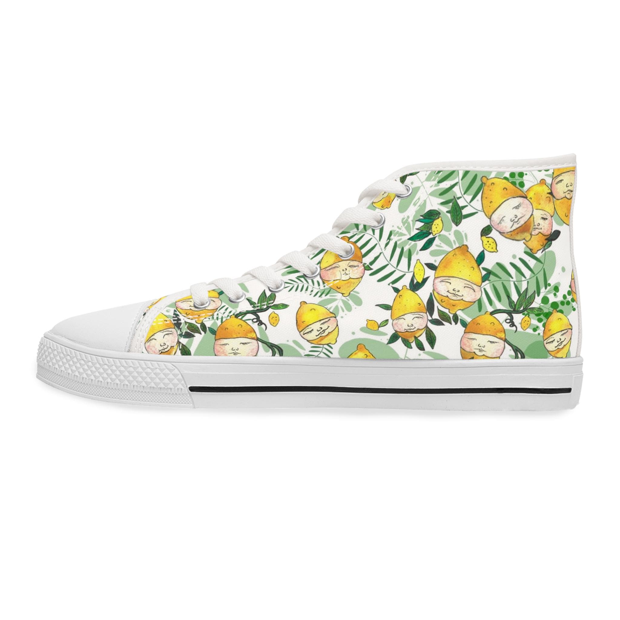 Lemon Blossom Pattern High Top Sneakers | Citrus Floral Canvas Shoes
