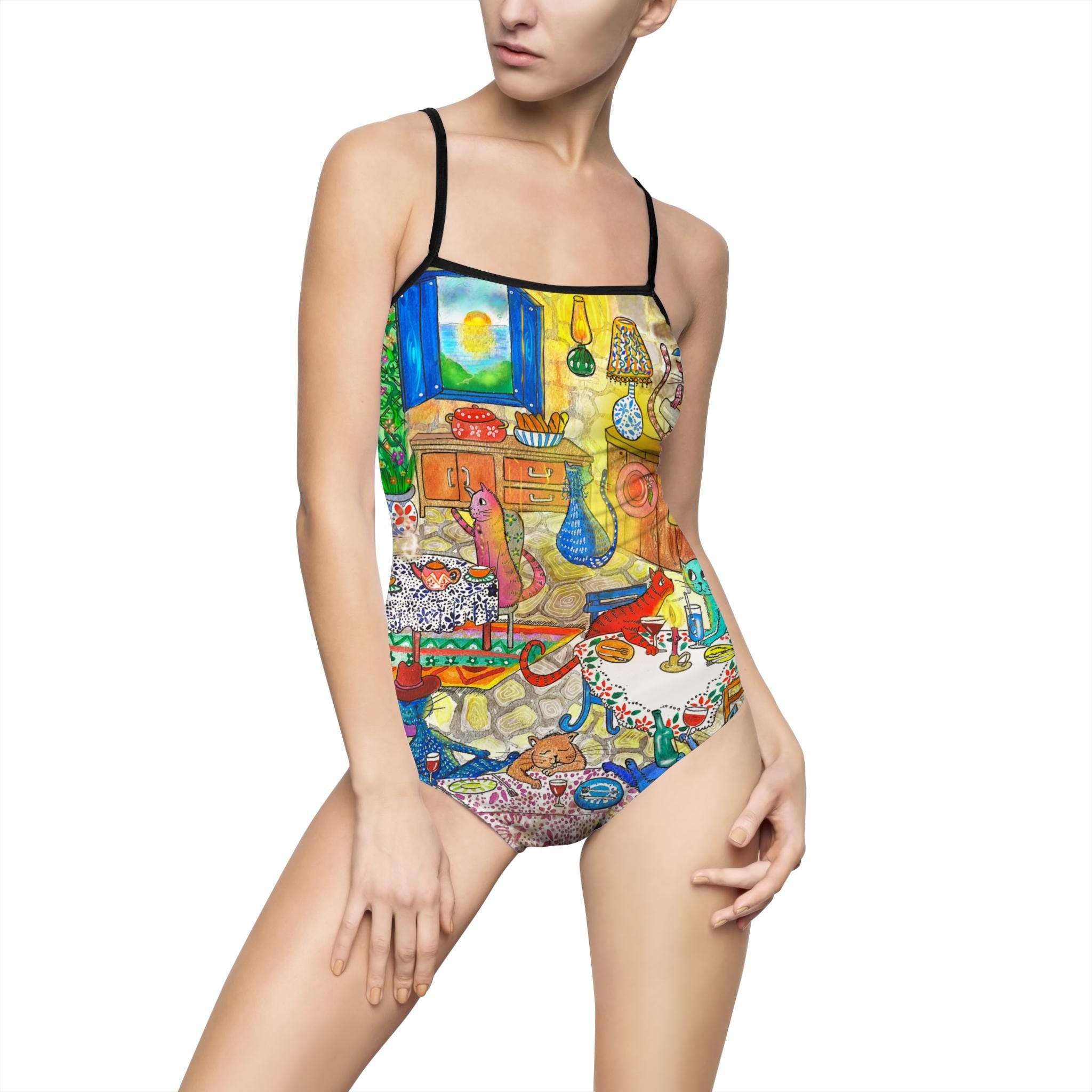 Colorful Beach Cottage Illustration Swimsuit | One-Piece