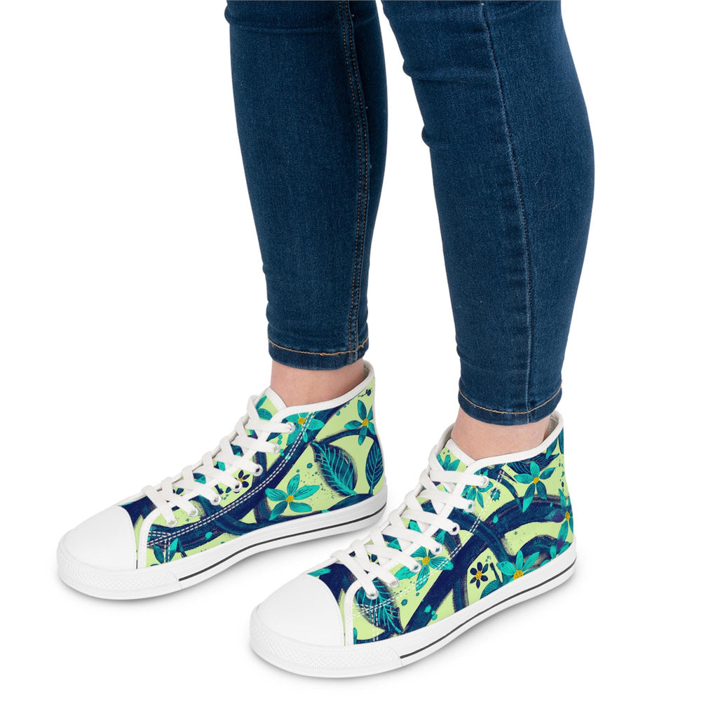 Teal Floral Hand-Painted High Top Sneakers | Artsy Canvas Shoes