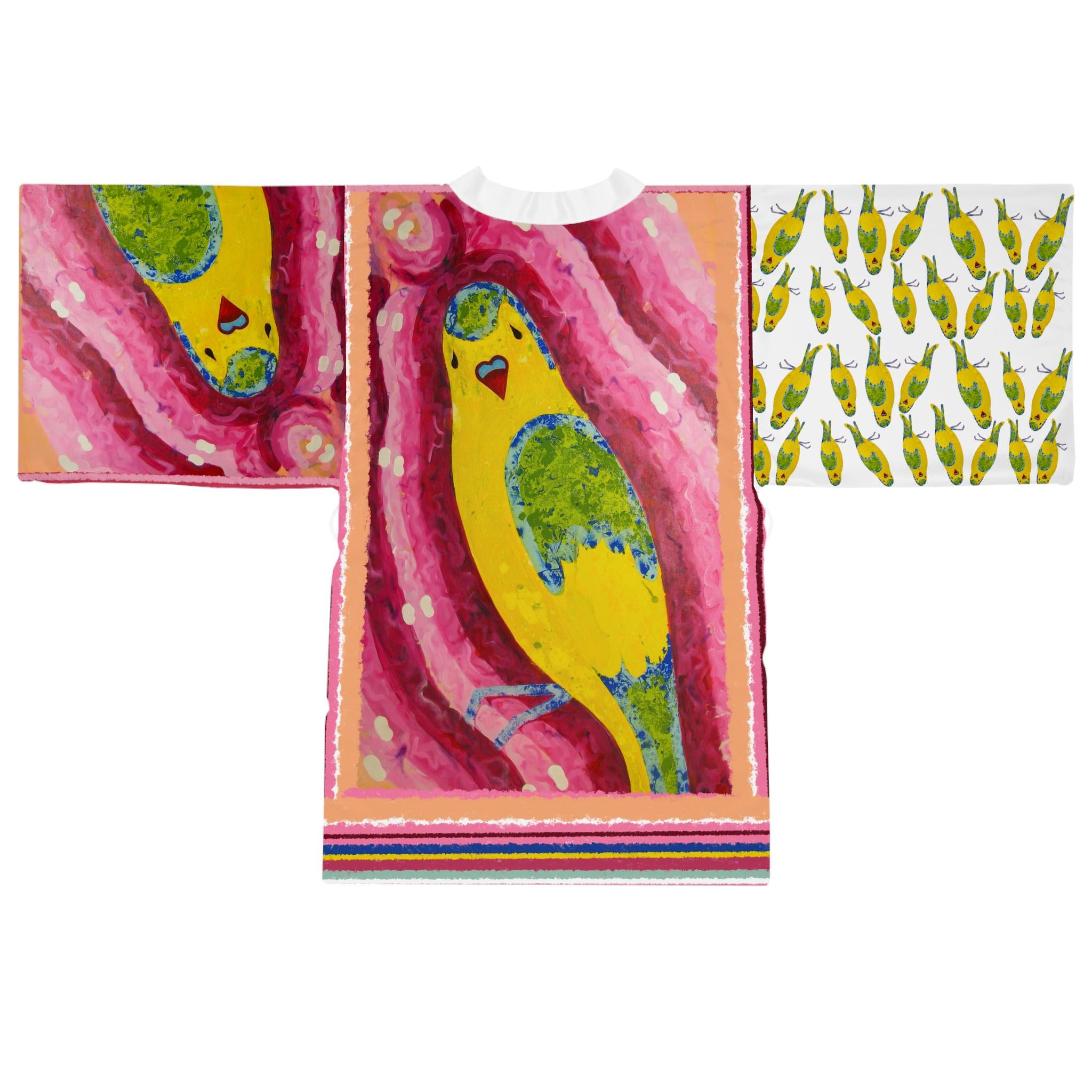 Yellow Parakeet Illustration Long Sleeve Kimono Robe | Bird Pattern, AOP