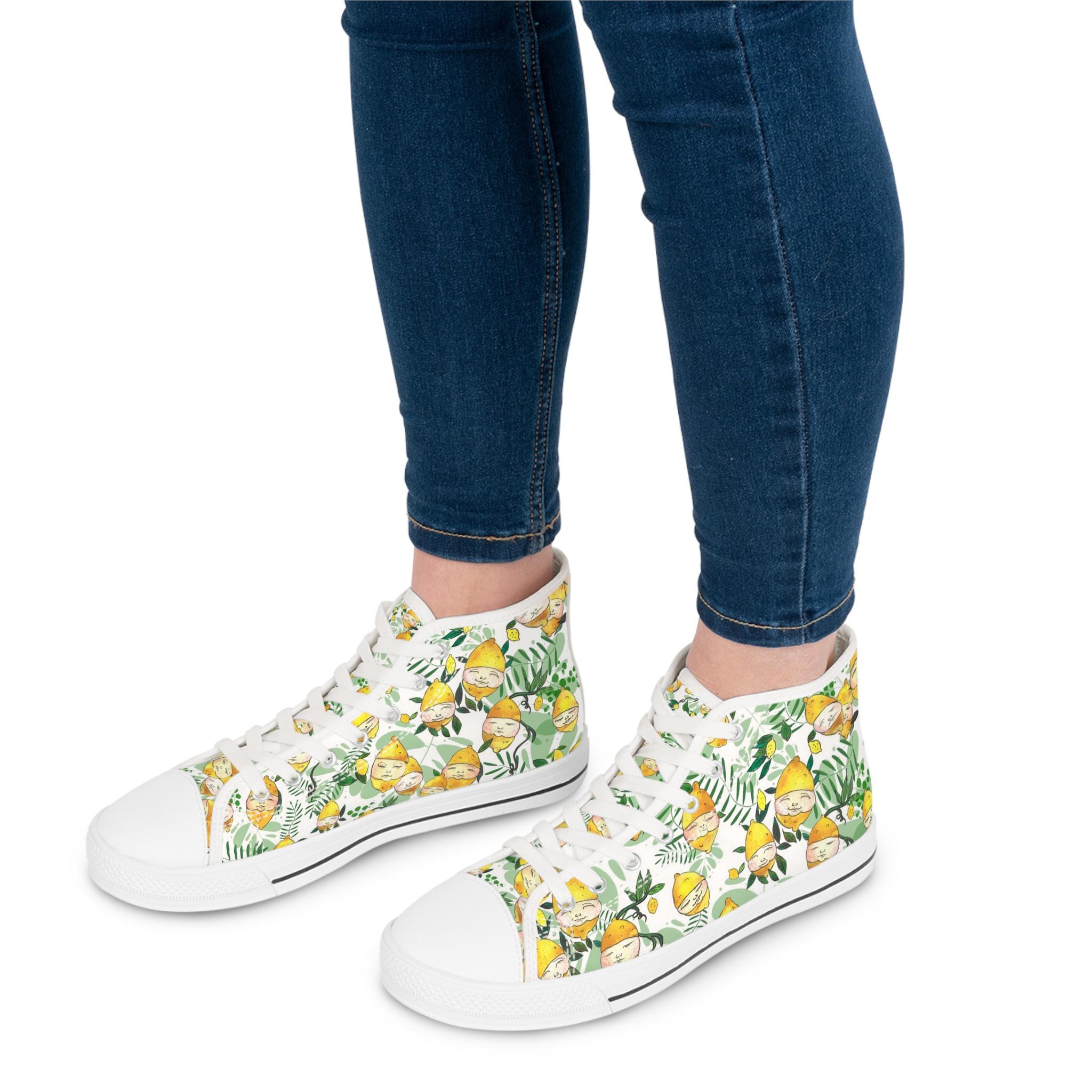 Lemon Blossom Pattern High Top Sneakers | Citrus Floral Canvas Shoes