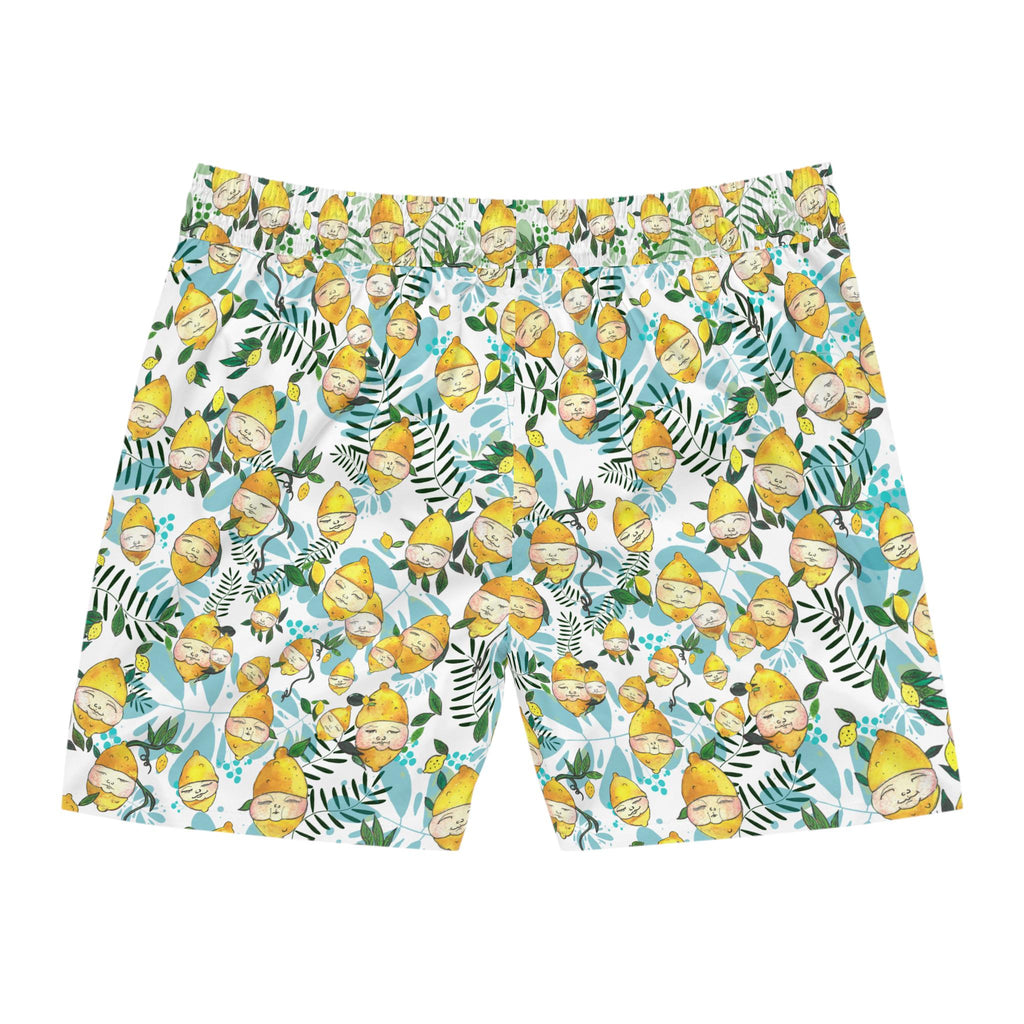 Men's Lemon Face Pattern Mid-Length Swim Shorts – Playful Summer Beachwear