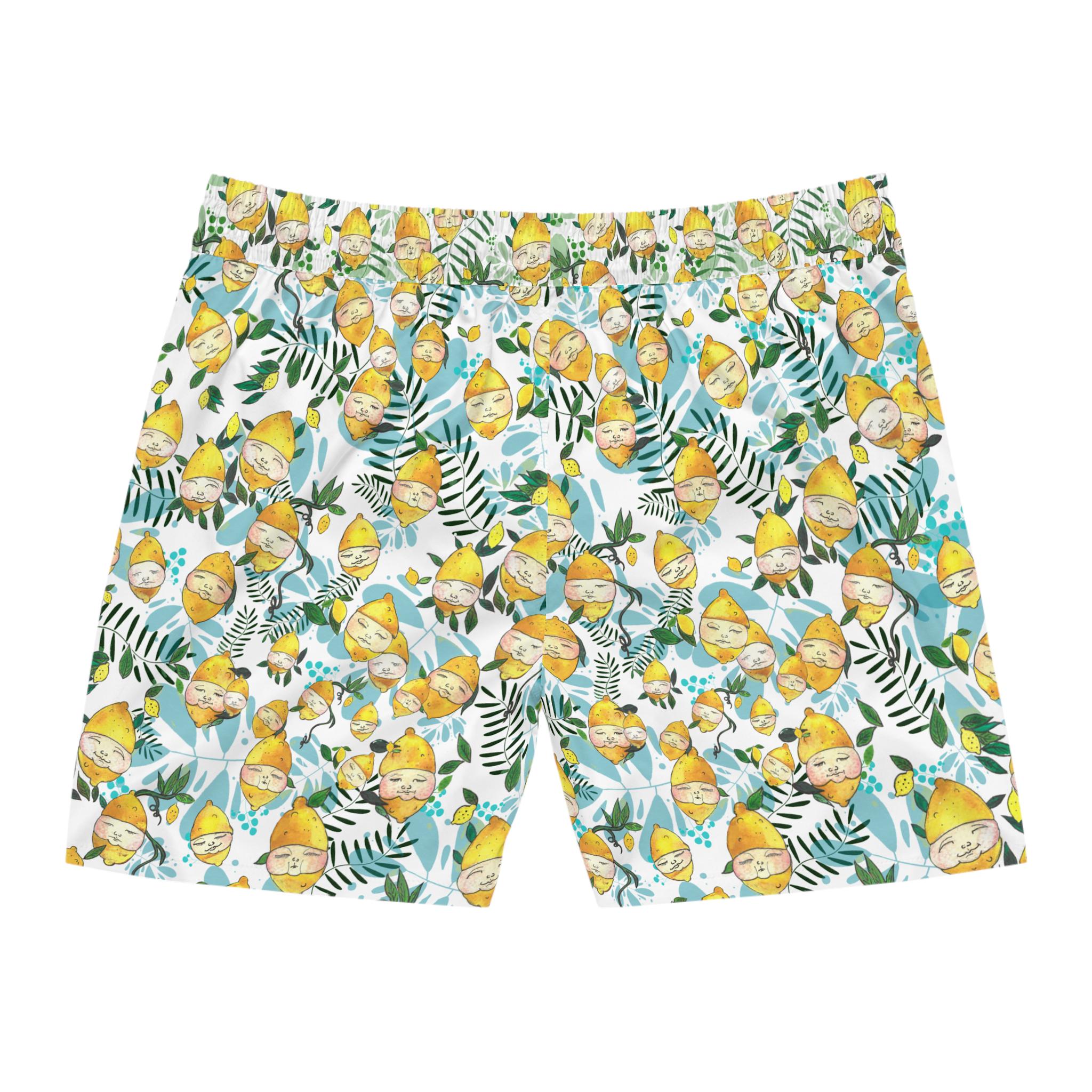 Men's Lemon Face Pattern Mid-Length Swim Shorts – Playful Summer Beachwear