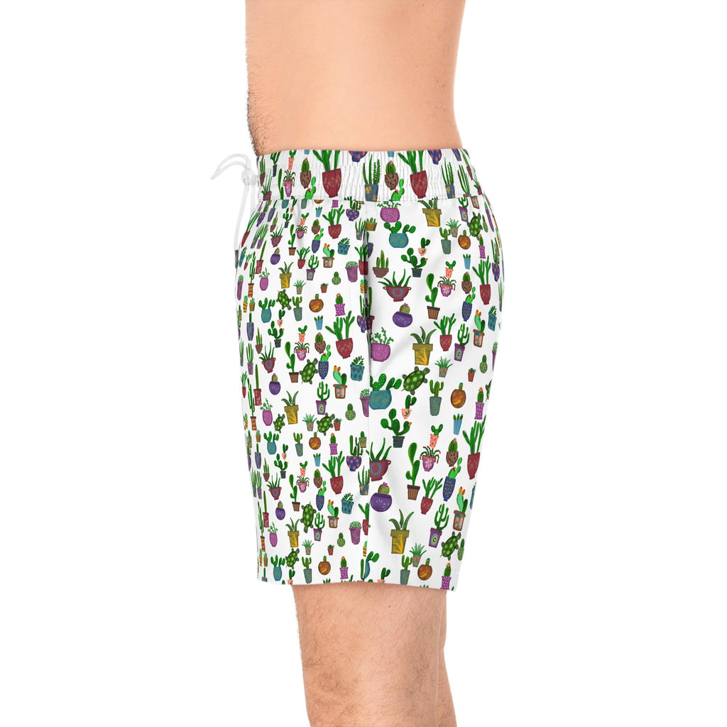 Potted Cactus Pattern Swim Shorts  Mens Mid Length