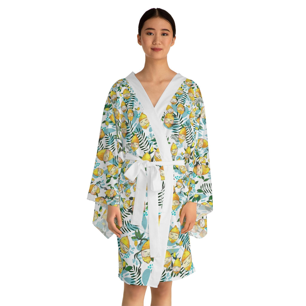 Lemon Floral Pattern Long Sleeve Kimono Robe | Citrus Leaves Allover Print