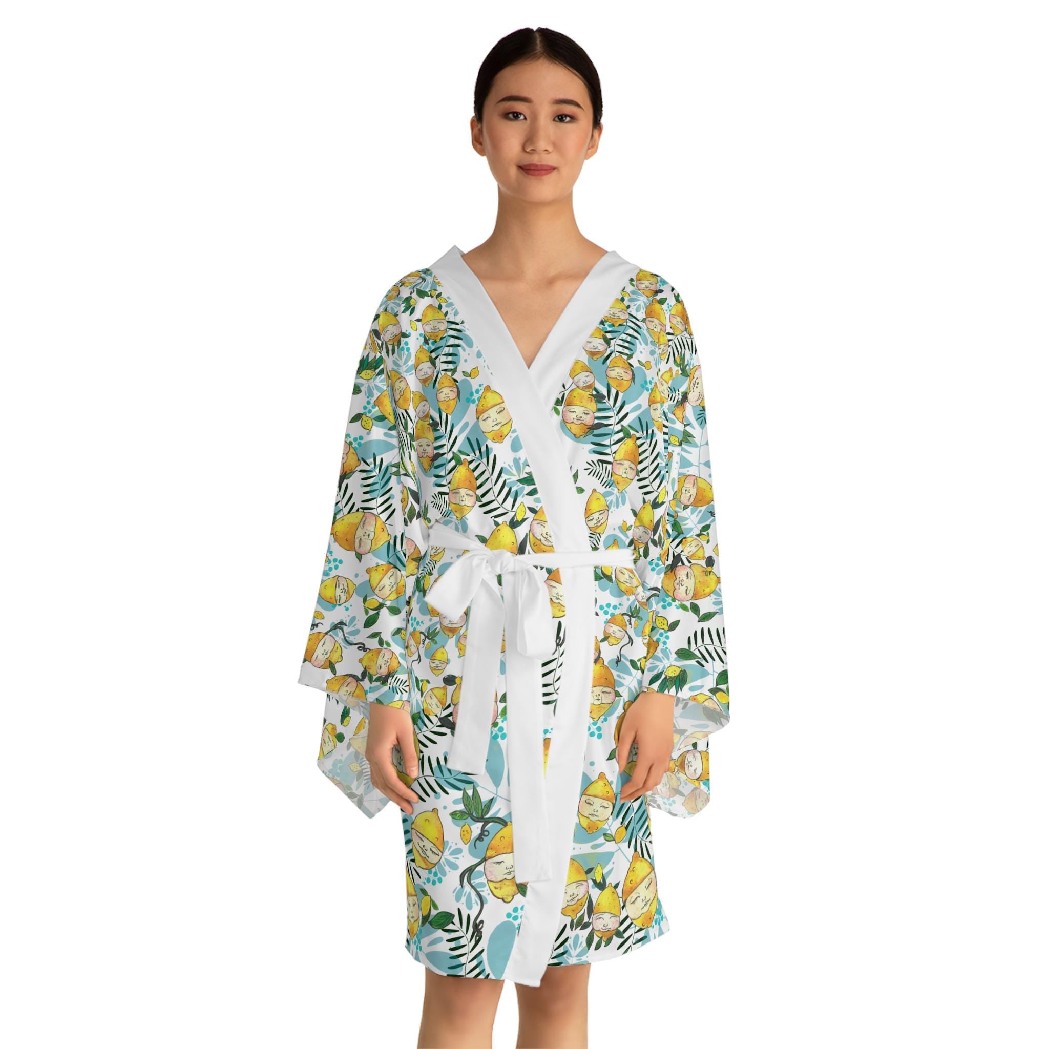 Lemon Floral Pattern Long Sleeve Kimono Robe | Citrus Leaves Allover Print