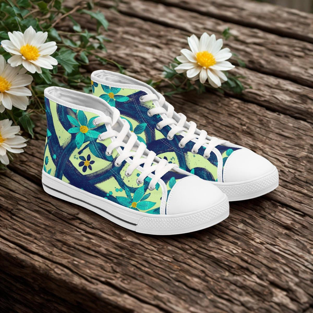 Teal Floral Hand-Painted High Top Sneakers | Artsy Canvas Shoes
