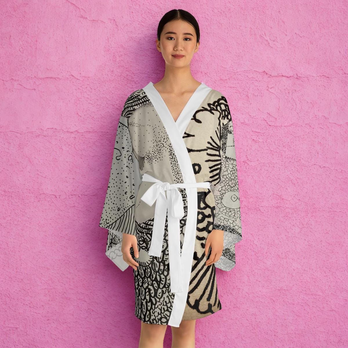 Ink Portrait Collage Long Sleeve Kimono