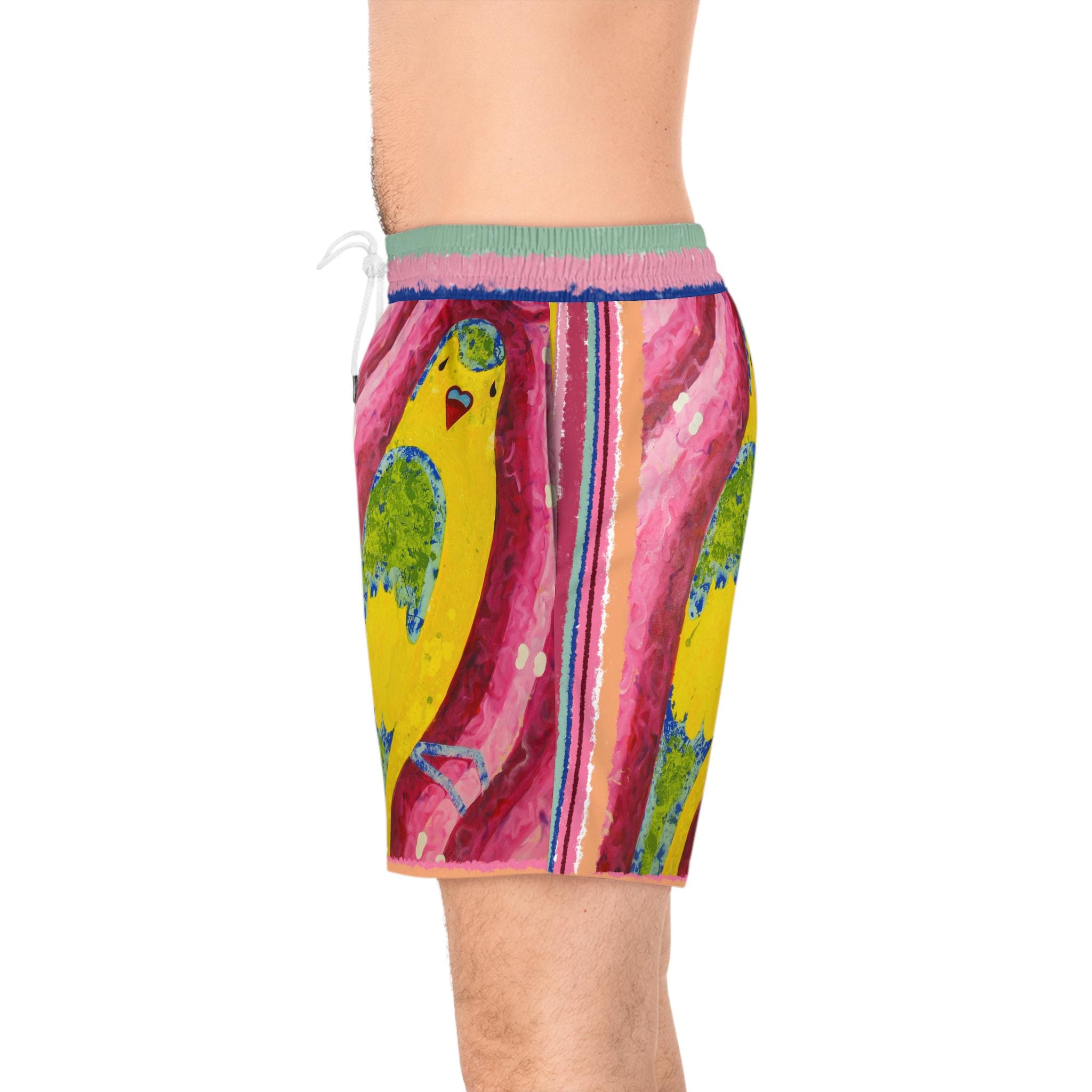 Hand-Painted Budgie Bird Print Swim Shorts | Mid-Length Beach Trunks