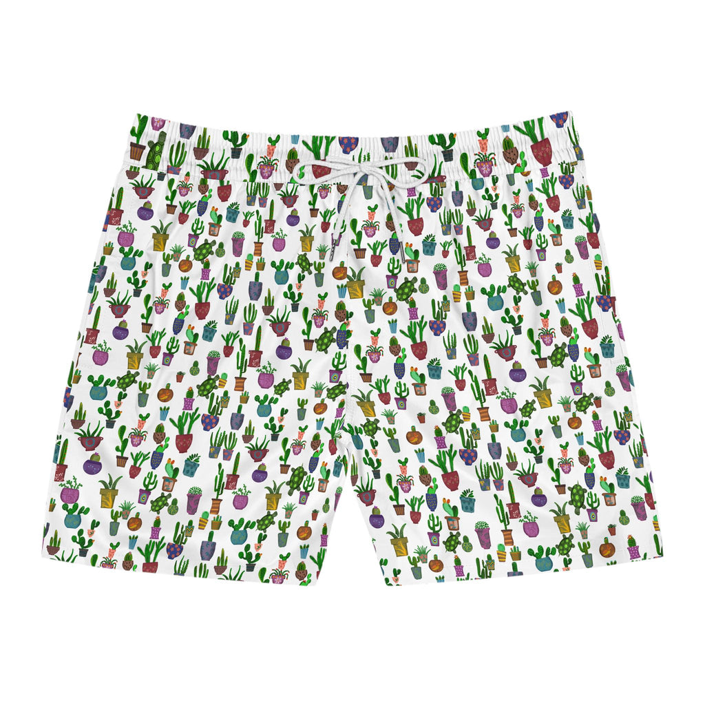 Potted Cactus Pattern Swim Shorts  Mens Mid Length
