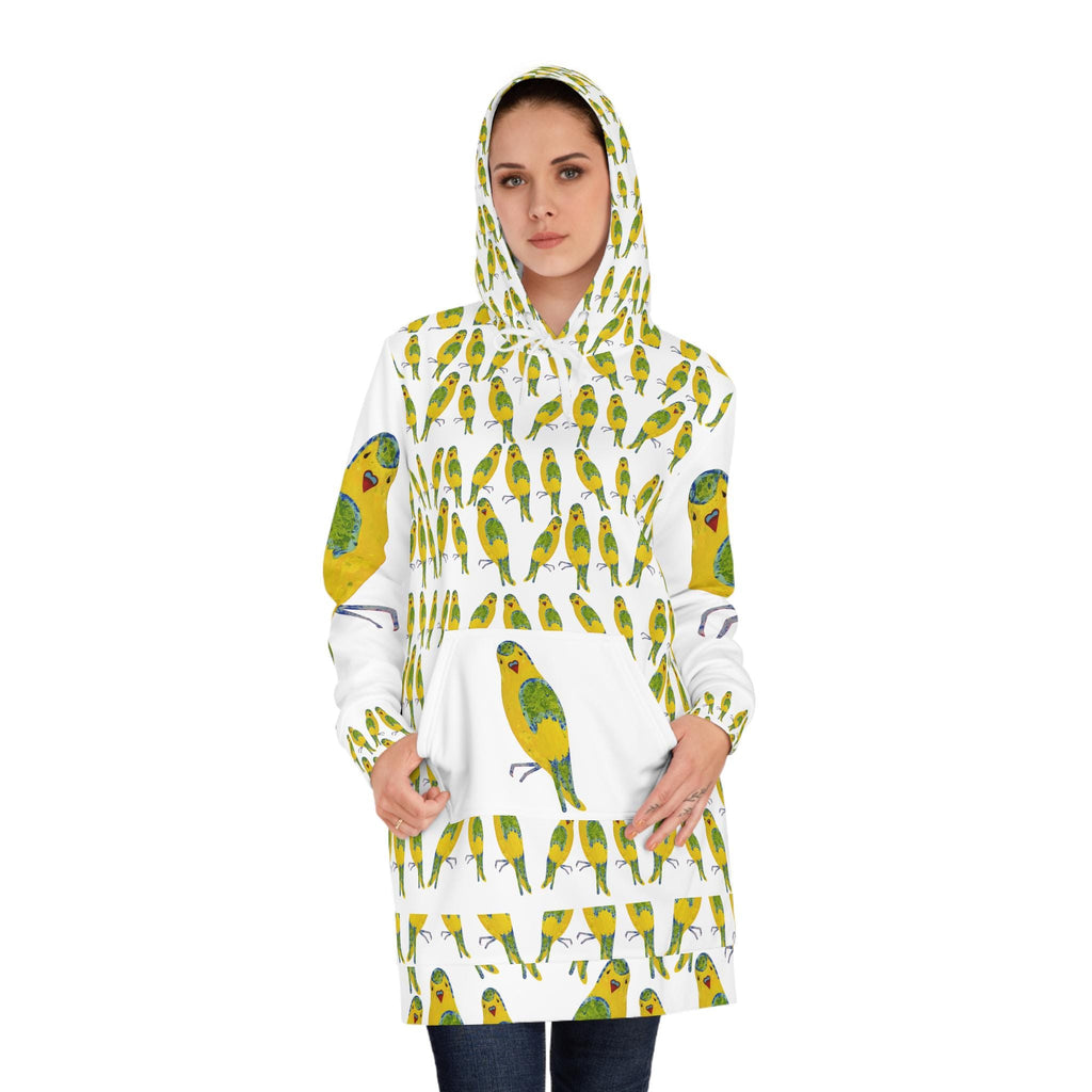 Yellow Budgie Pattern Hoodie Dress | All-Over Print Parakeet Design
