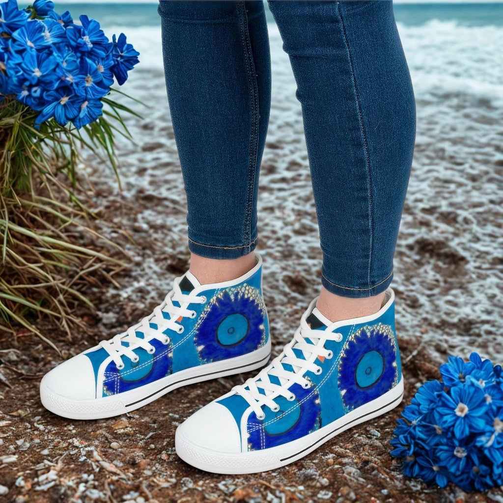 Blue Abstract Eye Pattern High Top Sneakers | Artistic Canvas Shoes