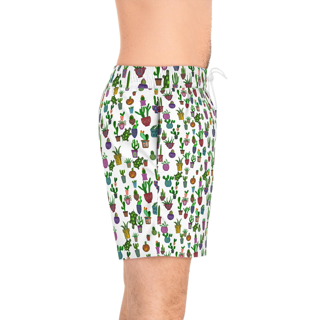 Potted Cactus Pattern Swim Shorts  Mens Mid Length