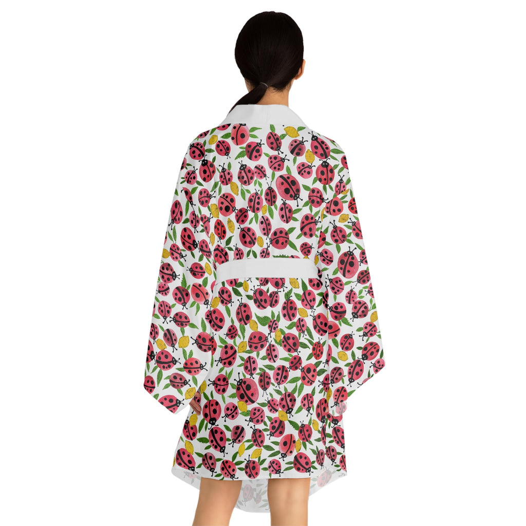 Ladybug Pattern Kimono Robe | Floral Insect Print Long Sleeve