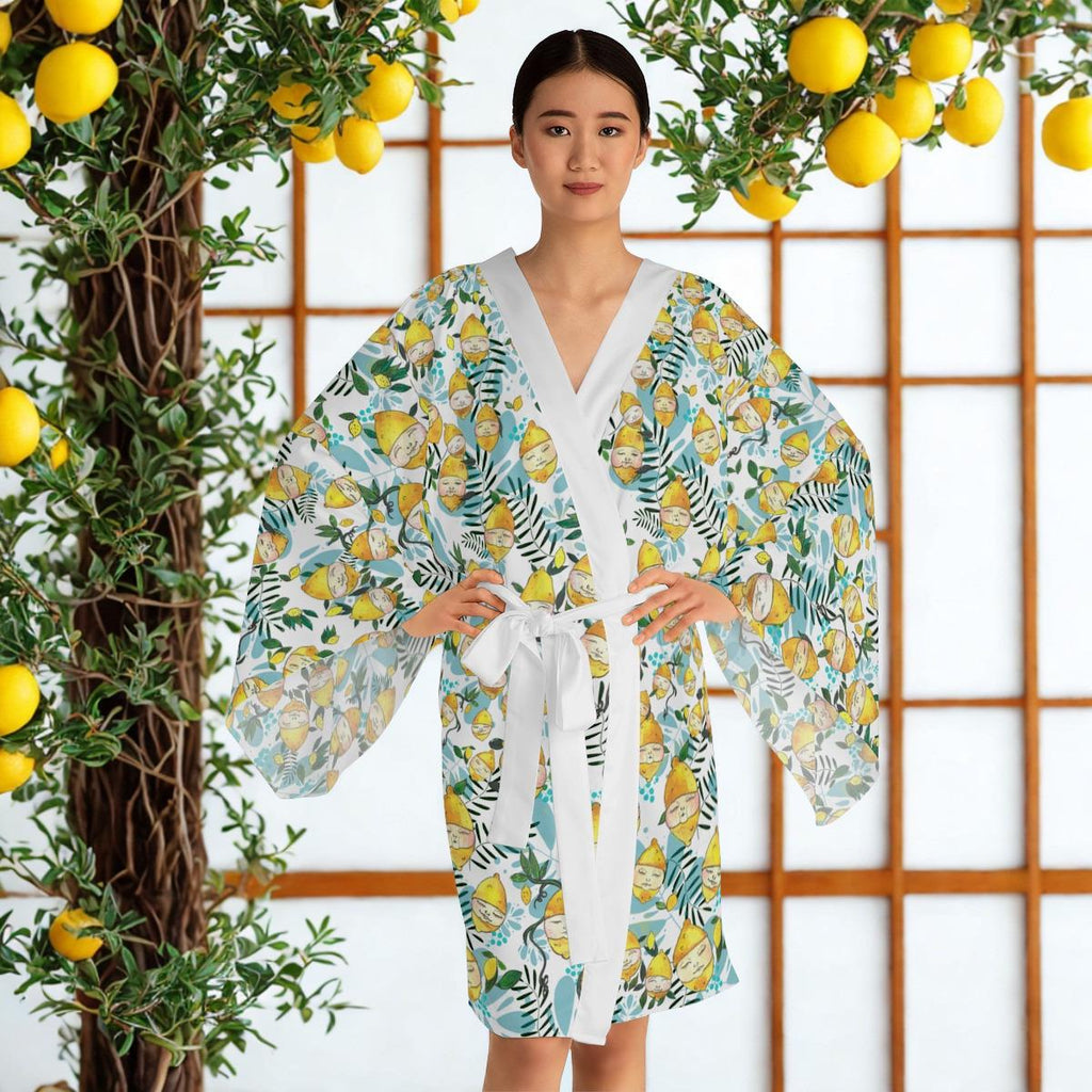 Lemon Floral Pattern Long Sleeve Kimono Robe | Citrus Leaves Allover Print