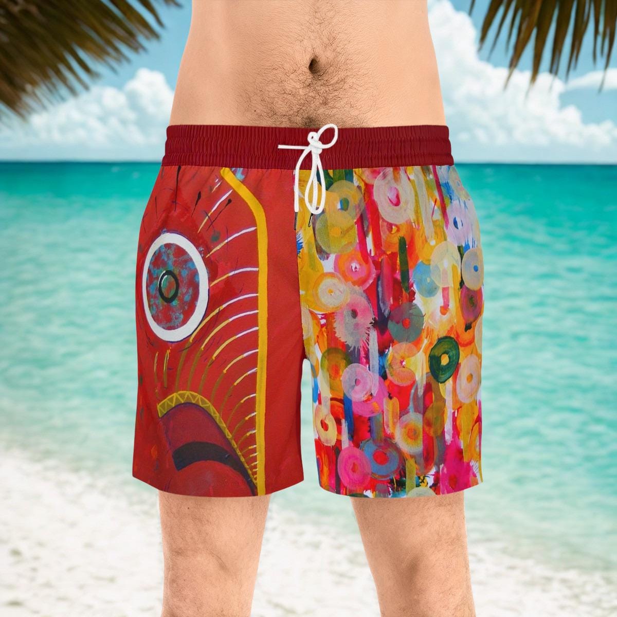 Colorful Abstract Fish Face Swim Shorts | Vibrant Painterly Circles