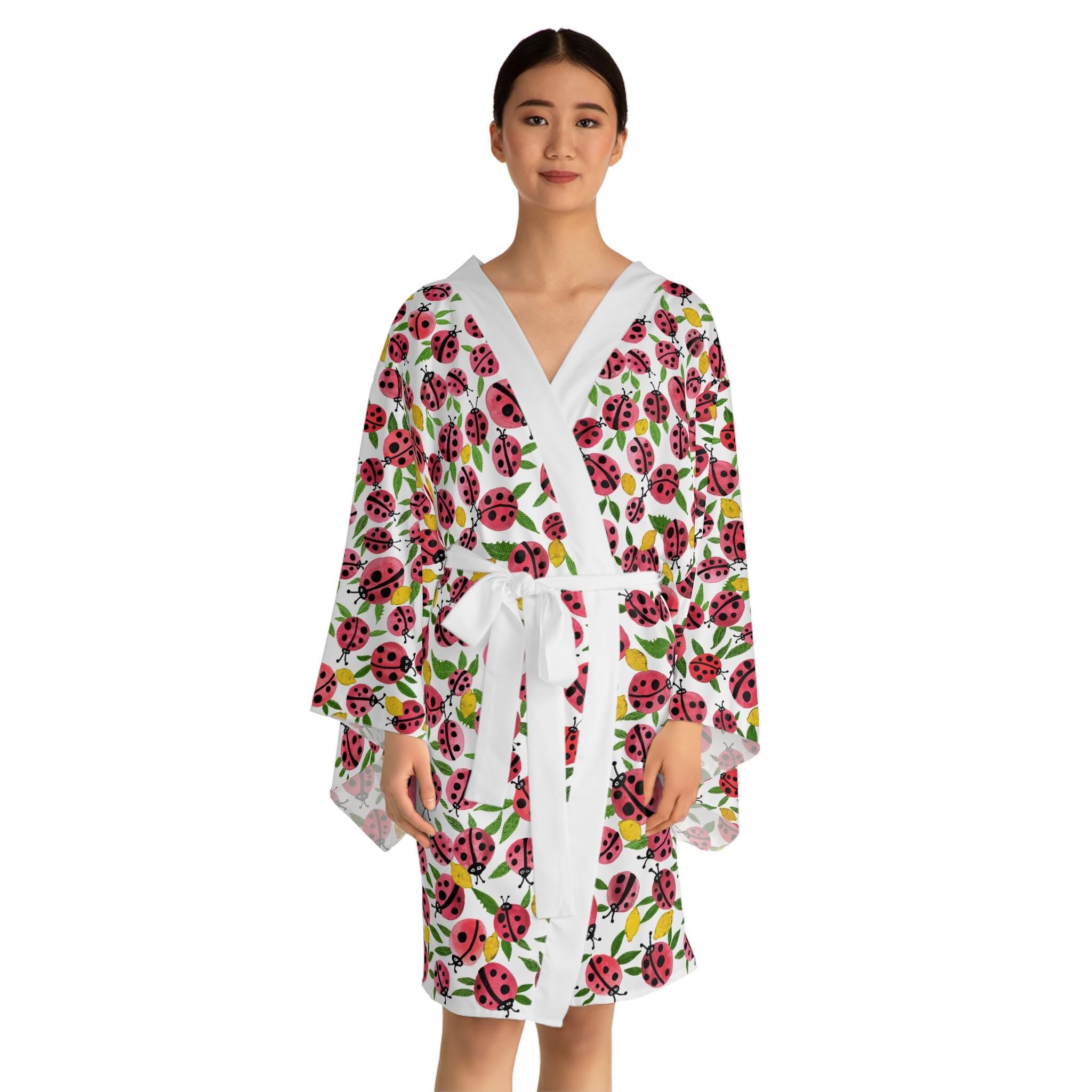 Ladybug Pattern Kimono Robe | Floral Insect Print Long Sleeve