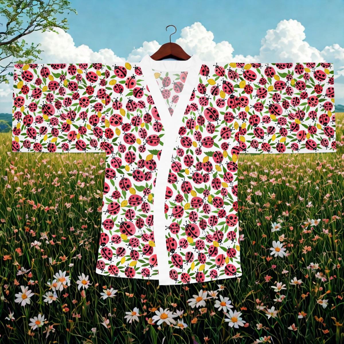 Ladybug Pattern Kimono Robe | Floral Insect Print Long Sleeve