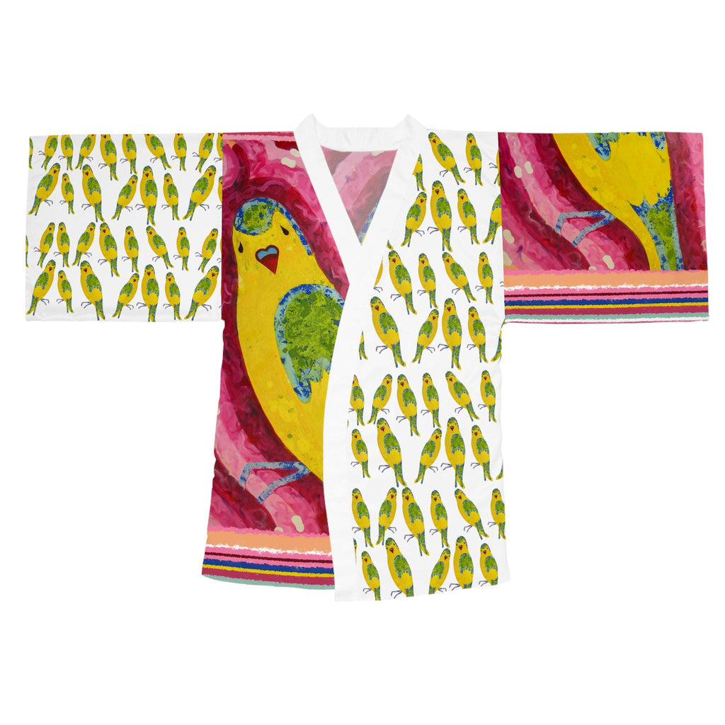 Yellow Parakeet Illustration Long Sleeve Kimono Robe | Bird Pattern, AOP